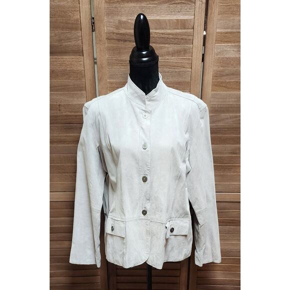 Chico's 3 Womens Gray Leather Suede Jacket 16 Button Up Business Casual Pea Coat - Picture 1 of 7